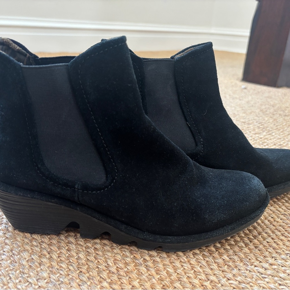 MOVING SALE - Fly London size 40 black Chelsea booties with wedge heel